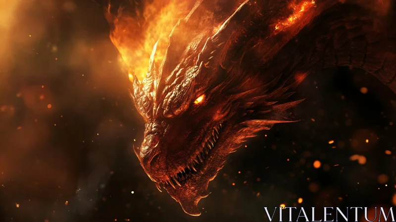 Flaming dragon roars through embers in a molten night sky