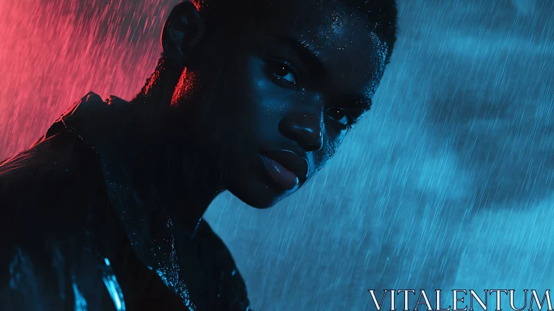 Bicolor rain portrait under high contrast cinematic lighting.