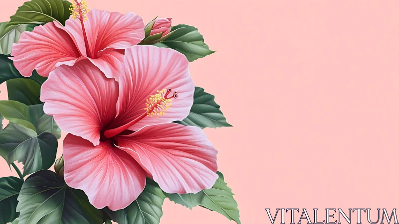 Blooming Pink Hibiscus Against Soft Blush Background.