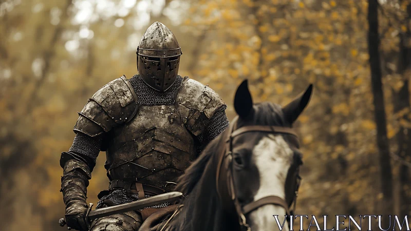 Armored mounted figure moves through forested environment