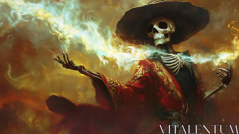 Skeletal sorcerer conjures swirling fire under wide hat