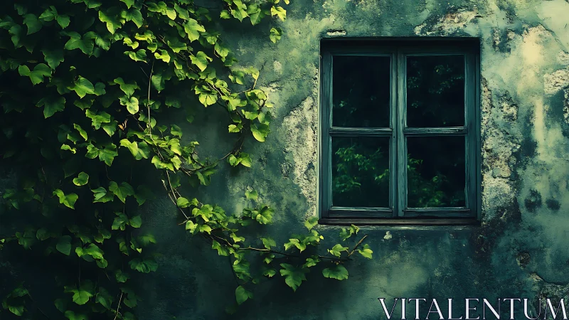Quiet ivy-climbed window on a weathered teal cottage wall.