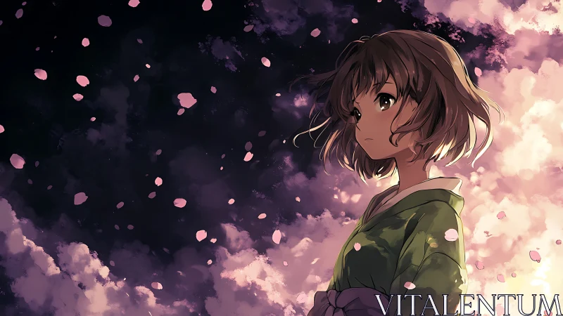 Girl in green kimono watches falling petals at dusk sky