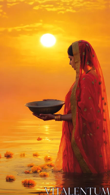 Woman in red sari stands in water at vivid orange sunset