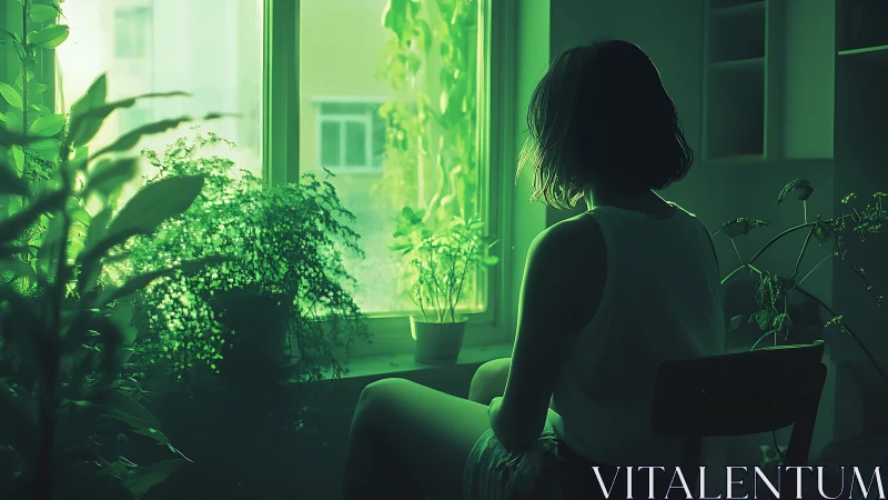 Soft afternoon calm wraps a quiet woman in green window light