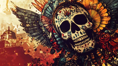 Ornamental skull with wings and flowers on urban backdrop.