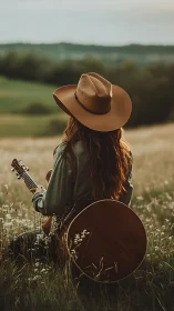 Cowgirl guitarist rests in golden meadow at sunset