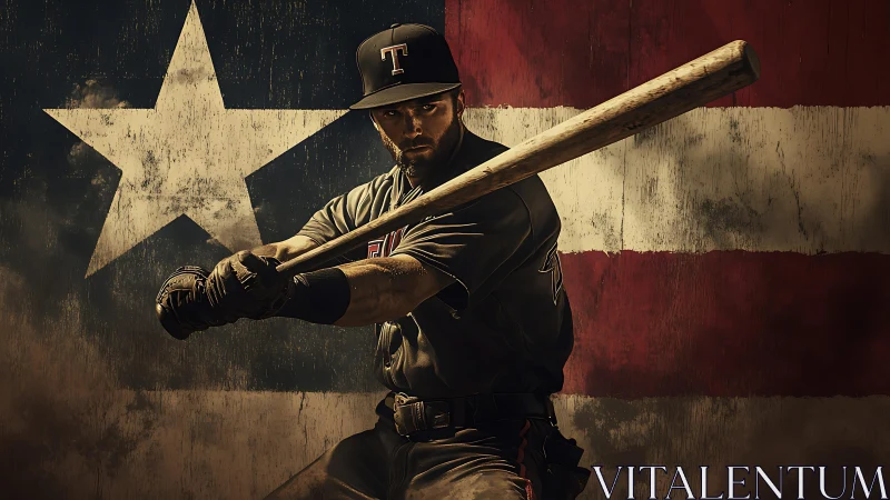 Baseball batter in mid-swing against distressed US flag backdrop