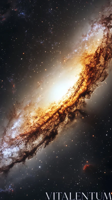 Spiral galaxy core glows through dense golden dust lanes.