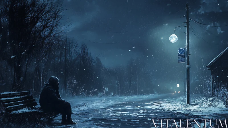 Lonely figure on snowy roadside bench under cold moonlight.