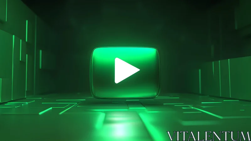 Futuristic green play button icon in glowing digital environment.