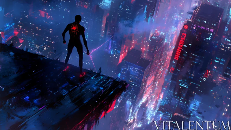 Spider-suited vigilante overlooking neon cyberpunk cityscape.