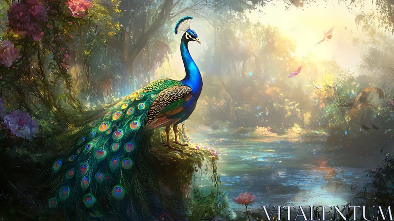Radiant peacock overlooks glowing forest river at dawn
