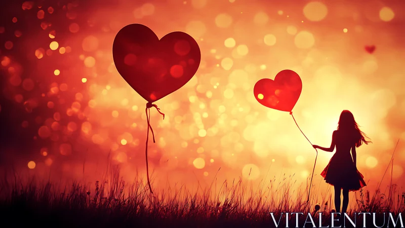 Child Silhouette with Red Heart-Shaped Balloons in Golden Sunset Field