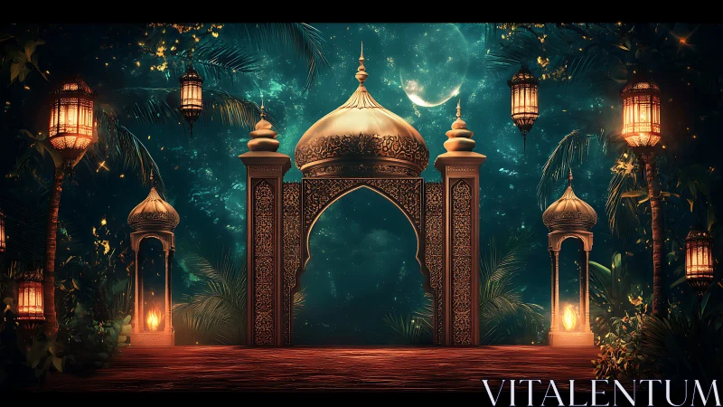 Ornate golden archway under moonlit tropical night sky