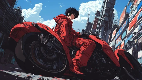 Neon rider controls red cyber bike through towering city.