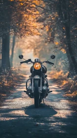 Vintage motorcycle stands on forest path in warm backlight