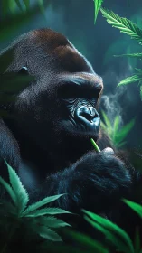 Brooding silverback gorilla in lush misty jungle portrait.
