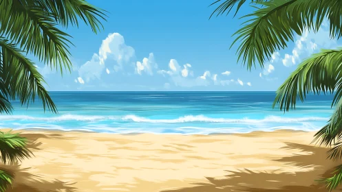 Sunny tropical beach with calm waves and palm framing.