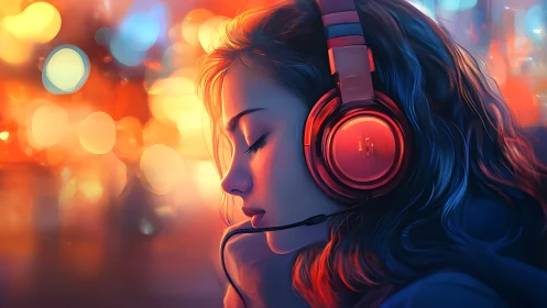 Focused gamer girl with headset in colorful neon light.