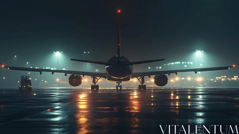 Passenger jet on wet runway at night under airport lights.