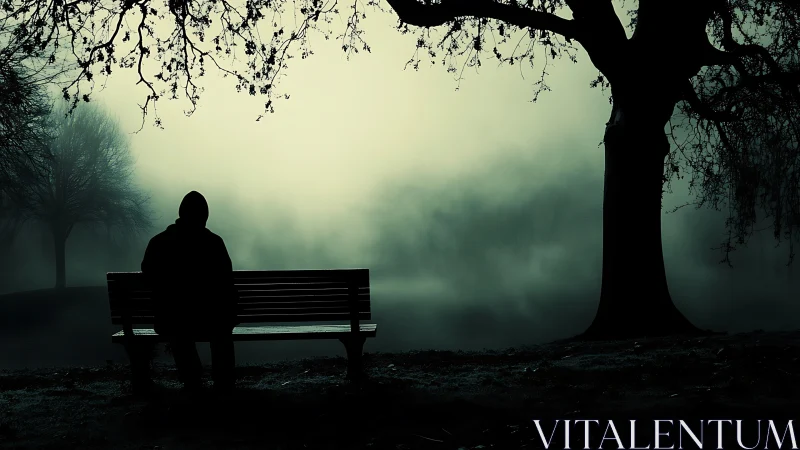 Moody park bench silhouette in fog with cinematic contrast.