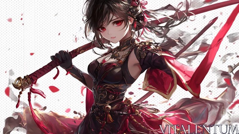 Scarlet blade dancer poised in storm of drifting petals.
