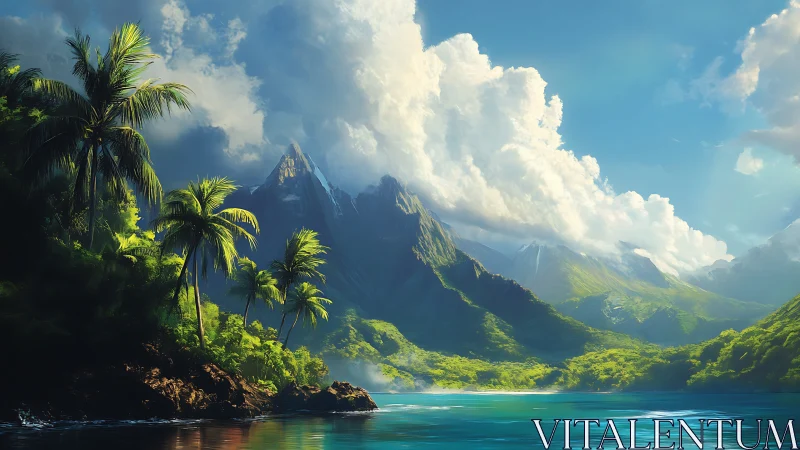 Tropical valley landscape with mountain formation and water body.