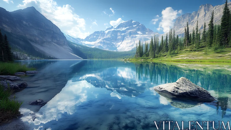 Crystal lake cradles calm mountains and evergreen forest