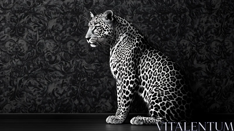 Leopard in Profile Against Ornamental Damask Backdrop.