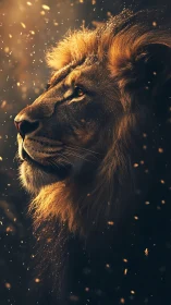 Photorealistic lion portrait in dramatic rim lighting profile.