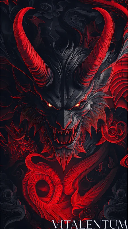 Demonic horned beast emerging in crimson inferno shadows.