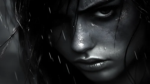High-contrast close-up renders wet, rain-streaked face in grayscale