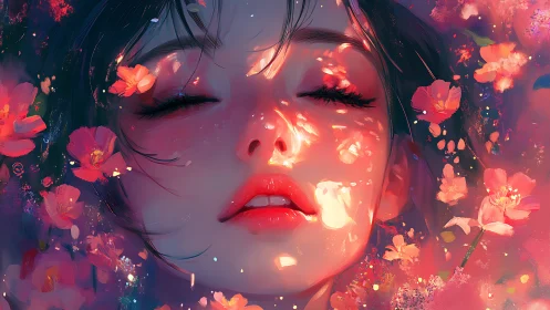 Luminous floral bokeh across serene closed‑eye portrait.
