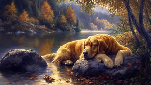 Golden retriever resting beside tranquil autumn river