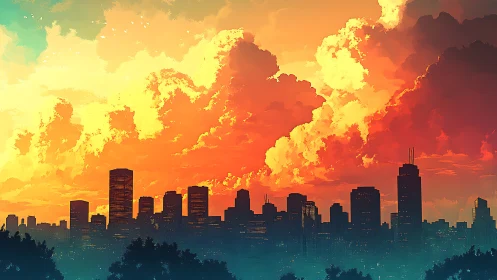 Vibrant urban skyline silhouetted against high-saturation sunset clouds