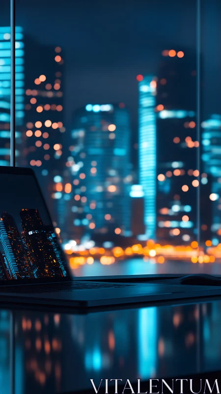 Bokeh cityscape at twilight with laptop workstation displaying defocused urban skyline
