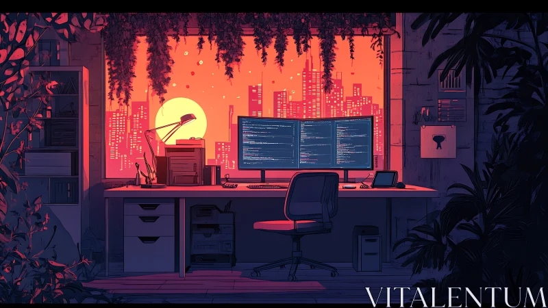 Code and ivy share twilight as neon city hums beyond