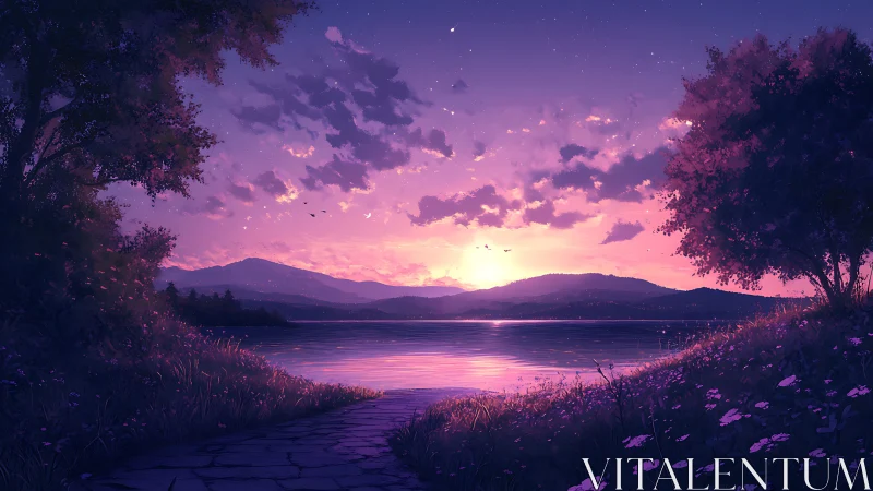 Twilight sun descends over tranquil lake and distant hills