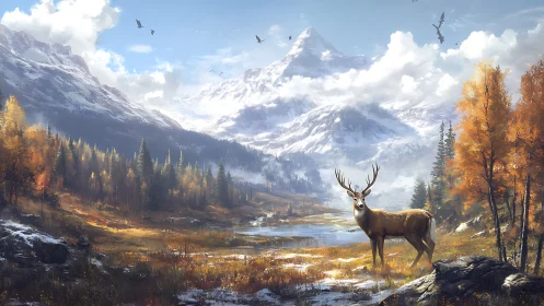 High-detail autumn valley with stag before snow-capped peak