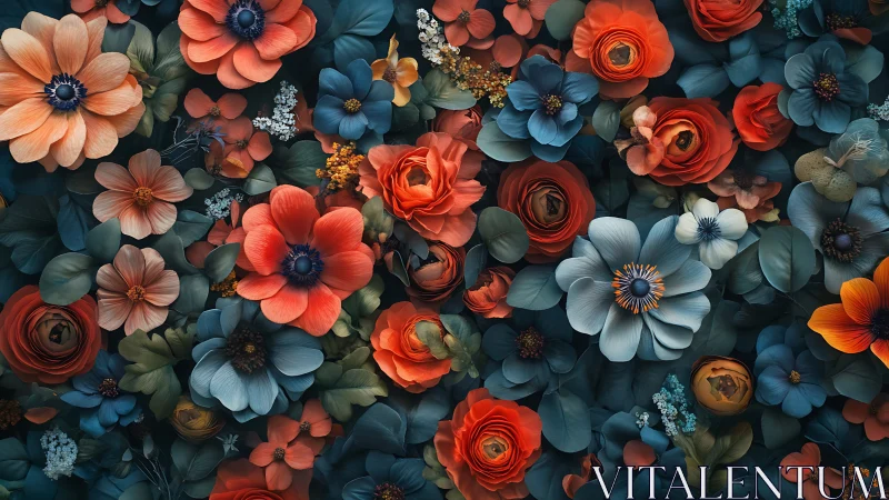 Layered floral arrangement displaying coral, blue, and white blooms with botanical foliage