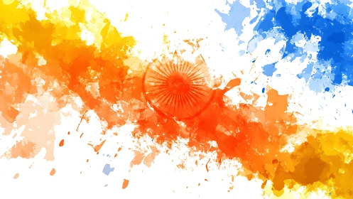 Abstract tricolour splash with central wheel emblem motif.