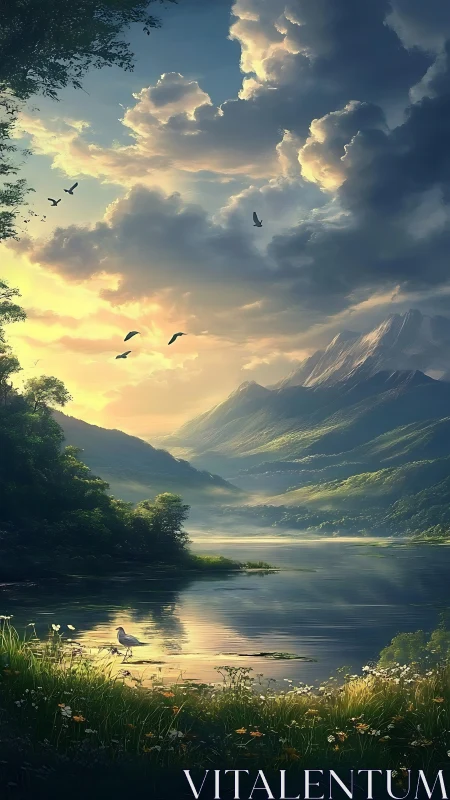 Sunlit mountain valley lake with dramatic cloud formations.