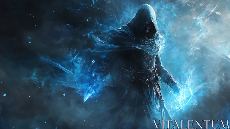 Hooded figure in dark robe within blue energy field.