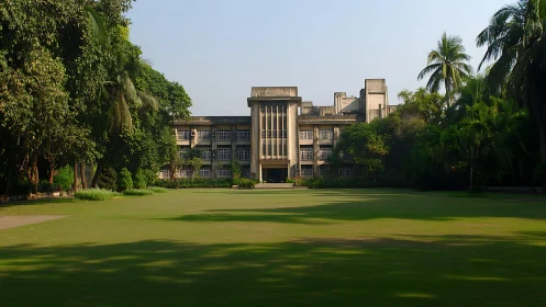 Modernist academic block with central lawn and tropical trees