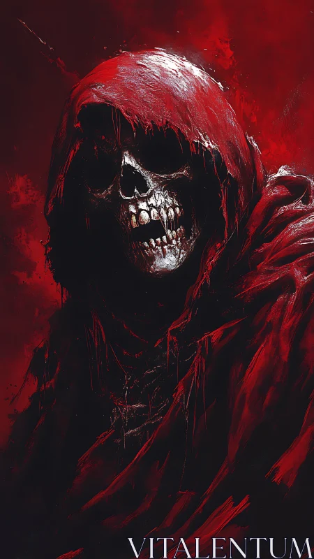 Hooded skeletal reaper emerges from shadow in red shroud