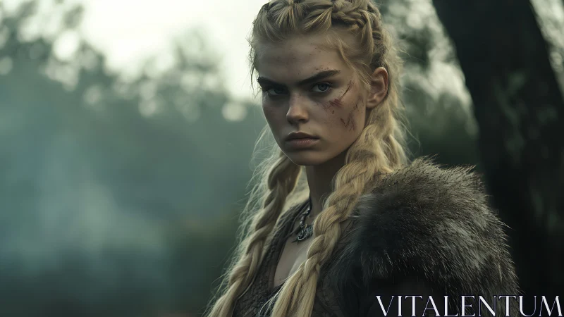 Fierce shieldmaiden stares through forest mist after battle