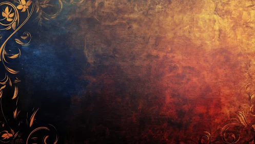 Floral scrollwork on textured blue to orange grunge gradient.