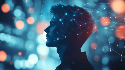 Silhouette profile within luminous neural network bokeh field.