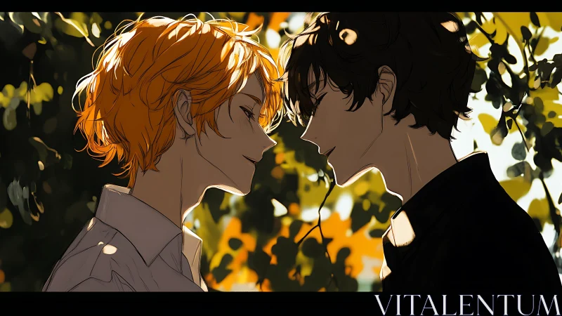 Sunlit profiles of two lovers beneath dappled foliage.